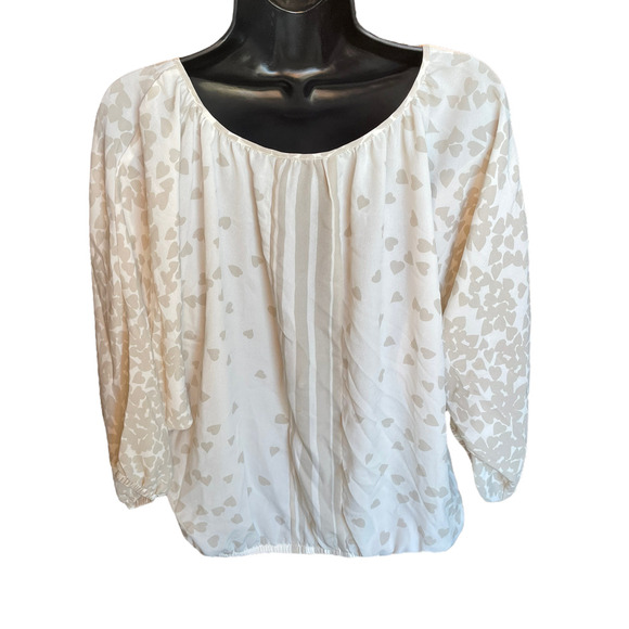 Express Tan & White Heart Bishop Sleeve Blouse Size M - Picture 5 of 6